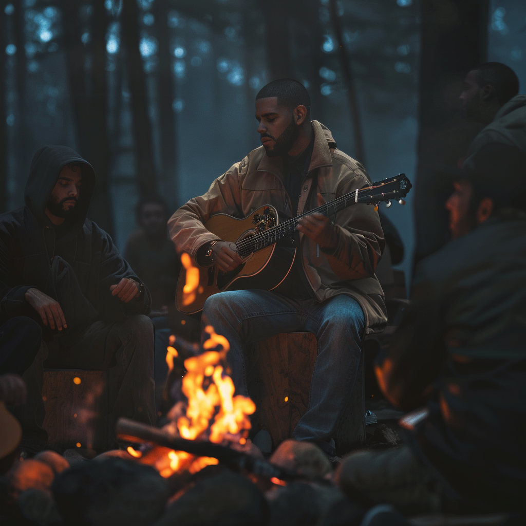 artists around a campfire playing music